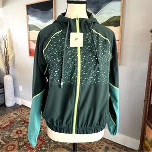 Fabletics Mesh One Deep Sea Green Hooded Jacket with Patterned Front
